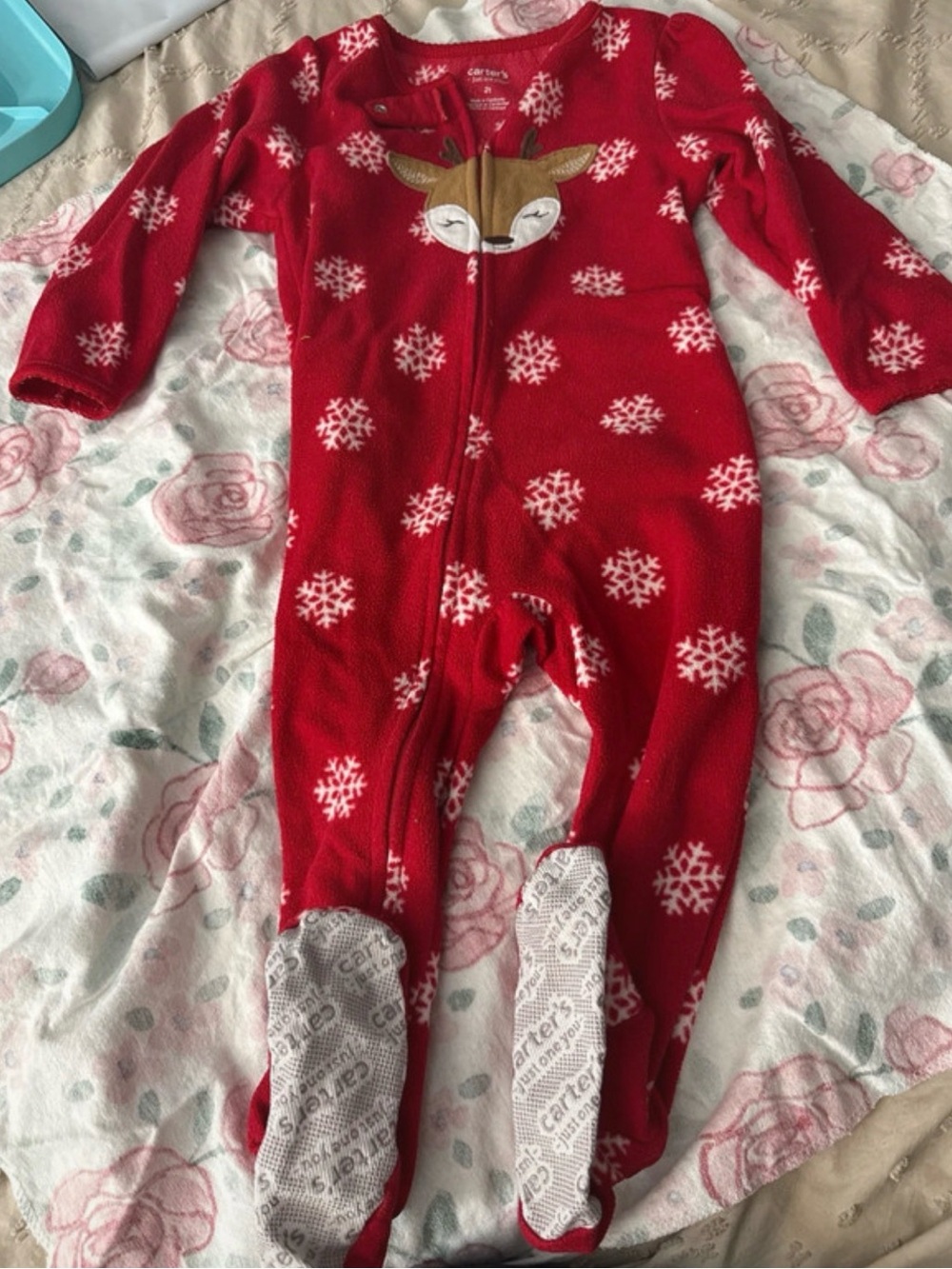 Carter's Red Snowflake Fleece One-Piece with Reindeer Face